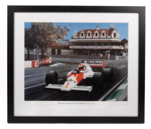 NIKI LAUDA: A limited edition print after Eric Irvine commemorating "Niki Lauda's last race, the 1985 Australian Grand Prix" , numbered 65/1000, framed and glazed, 53cm high, 62cm wide overall.