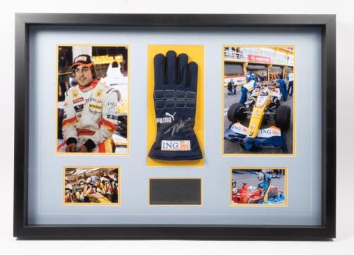 ALONSO: A box framed collage relating to F1 World Champion Driver Fernando Alonso, including Puma 'ING' racing glove with Fernando Alonso signature surrounded by four photographs and plaque. Measures 84cm wide, 59cm high.