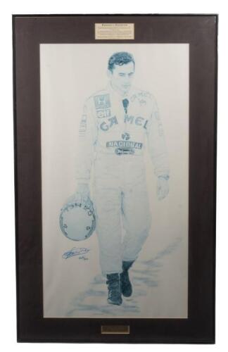SENNA: A framed and glazed limited edition (468/850) print titled 'Ayrton Senna - Forever a champion' by Roxanne Lambie. 61cm wide, 102.5cm high.