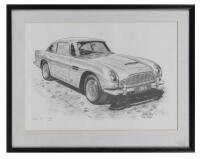 ASTON MARTIN: A framed limited edition print (103/500) after the original pencil sketch of An Aston Martin DB5 by Mike Harbar, 49cm high, 38.5cm wide