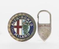 ALFA ROMEO: Two Alfa Romeo items including a small Alfa Romeo inscribed keyring with c1930s Alfa Romeo badge approx 6cm in diameter