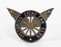 LIGHT CAR CLUB: A late 1920s Victorian Light Car Club badge in wheel and winged form, 8.5cm wide.