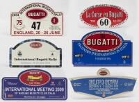 RALLY PLATES: A collection of six Bugatti related rally plates, one is metal