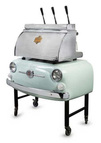 A decorative fiberglass coffee machine table in the form of a Fiat 500, the metal frame construction built to take weight of machine
