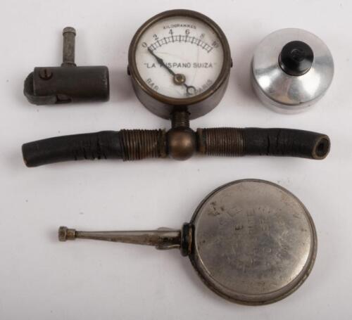 GAUGES/SWITCHES: A miscellaneous group of items including an Hispano Suiza pressure gauge with tyre valve connector , a vintage Bosch ignition switch and also a small vintage Lucas oiler