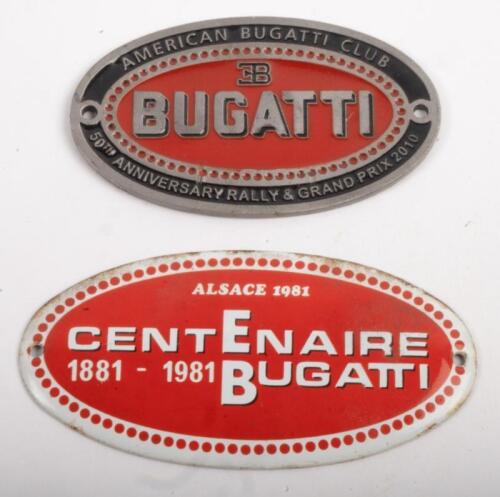 BUGATTI RALLY BADGE: Two Bugatti related Rally Badges, an American Bugatti Club 50th Anniversary Rally & Grand Prix 2010 badge and also a Centenaire Bugatti 1881-1981 Alsace 1981 badge