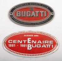 BUGATTI RALLY BADGE: Two Bugatti related Rally Badges, an American Bugatti Club 50th Anniversary Rally & Grand Prix 2010 badge and also a Centenaire&nbsp;Bugatti 1881-1981 Alsace 1981 badge