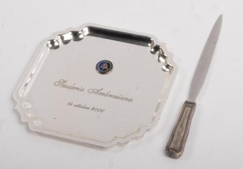 LETTER OPENER AND TRAY: A silver plated letter opener with tray inscribed 'Scuderia Ambrosiana 14 Ottobre 2006'