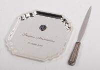 LETTER OPENER AND TRAY: A silver plated letter opener with tray inscribed 'Scuderia Ambrosiana 14 Ottobre 2006'