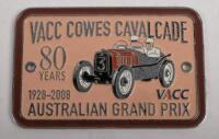 PHILLIP ISLAND: A rally badge from the 2008 VACC Cowes Cavalcade, 80 Years 1928-2008, Australian Grand Prix&nbsp;event held at Phillip Island Raceway