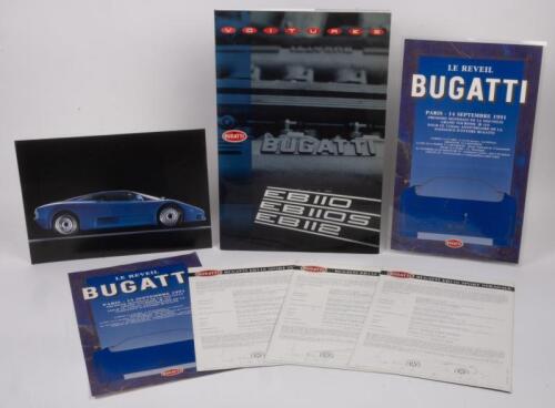 BUGATTI EB 110: A few items relating to the EB 110 Bugatti model, a large pictorial book showcasing the EB110 model & variants plus also a laminated small poster of the 14 September 1991 Le Reveil Bugatti - Premiere Mondiale De La Nouvelle Grand Tourisme EB 110 and also reproduced photos of the EB 110 with technical info