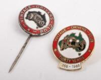 VINTAGE DRIVERS CLUB: A pair of badges relating to the Vintage Drivers Club, one is a 30 year anniversary 1958-1988 badge