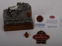 BUGATTI AUSTRALIA: A collection of items mostly relating to the Bugatti Club of Australia, a performance trophy from the 2016 event in Mansfield, mounted on wooden base, a Bugatti Club of Australia cloth patch and small pin and also replica pin bearing 'E