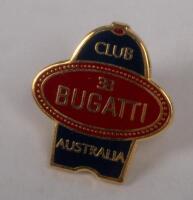 BUGATTI AUSTRALIA: A collection of items mostly relating to the Bugatti Club of Australia, a performance trophy from the 2016 event in Mansfield, mounted on wooden base, a Bugatti Club of Australia cloth patch and small pin and also replica pin bearing 'E - 3