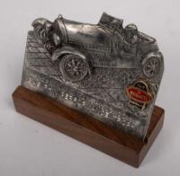 BUGATTI AUSTRALIA: A collection of items mostly relating to the Bugatti Club of Australia, a performance trophy from the 2016 event in Mansfield, mounted on wooden base, a Bugatti Club of Australia cloth patch and small pin and also replica pin bearing 'E - 4