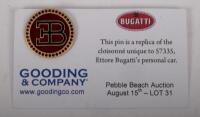 BUGATTI AUSTRALIA: A collection of items mostly relating to the Bugatti Club of Australia, a performance trophy from the 2016 event in Mansfield, mounted on wooden base, a Bugatti Club of Australia cloth patch and small pin and also replica pin bearing 'E - 5