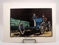 T35B: A hand coloured wood block print by Peter McGann depicting a Bugatti T35B. Titled 'Bugatti T35B'. Signed and dated 'P McGANN' '23, numbered '5' of 5. Measures approximately 38cm wide, 27.5cm high.