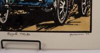 T35B: A hand coloured wood block print by Peter McGann depicting a Bugatti T35B. Titled 'Bugatti T35B'. Signed and dated 'P McGANN' '23, numbered '5' of 5. Measures approximately 38cm wide, 27.5cm high. - 2