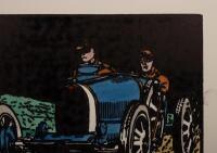 T35B: A hand coloured wood block print by Peter McGann depicting a Bugatti T35B. Titled 'Bugatti T35B'. Signed and dated 'P McGANN' '23, numbered '5' of 5. Measures approximately 38cm wide, 27.5cm high. - 3