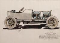 BUGATTI NO.6: An original pen and ink drawing of a 1911-1912&nbsp;Bugatti No.6 Design No.15&nbsp;by R.Shepherd, framed and glazed, 52.5cm wide, 42cm high overall