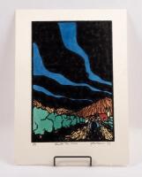 BUGATTI: A hand coloured wood block print by Peter McGann depicting a Bugatti T35B. Titled&nbsp;'Route du Vin' Signed and dated 'P McGANN' '23.&nbsp;Numbered '5' of 5'&nbsp;measures approximately 27.5cm wide, 38cm high.