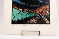 BUGATTI: A hand coloured wood block print by Peter McGann depicting a Bugatti T35B. Titled&nbsp;'Route du Vin' Signed and dated 'P McGANN' '23.&nbsp;Numbered '5' of 5'&nbsp;measures approximately 27.5cm wide, 38cm high. - 2
