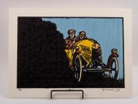 G.N: A hand coloured wood block print by Peter McGann depicting a G.N.&nbsp;Cyclecar.&nbsp;Titled 'G.N'. Signed and dated 'P McGANN' '23, numbered '2' of 5'; picture in landscape format measures approximately 34.5cm wide, 25cm high.