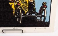 G.N: A hand coloured wood block print by Peter McGann depicting a G.N.&nbsp;Cyclecar.&nbsp;Titled 'G.N'. Signed and dated 'P McGANN' '23, numbered '2' of 5'; picture in landscape format measures approximately 34.5cm wide, 25cm high. - 2