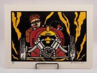 MORGAN: A hand coloured wood block print by Peter McGann depicting a Morgan Three&nbsp;Wheeler. Titled 'Morgan', Signed and dated lower right 'P McGANN' '23, numbered&nbsp;'2' of 5; measures approximately 35cm wide, 25cm high overall.