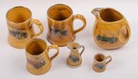POTTERY SET: A six piece pottery set with Veteran & Vintage cars such as Bugatti, Alfa Romeo and Sunbeam displayed on each item