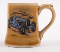 POTTERY SET: A six piece pottery set with Veteran & Vintage cars such as Bugatti, Alfa Romeo and Sunbeam displayed on each item - 6