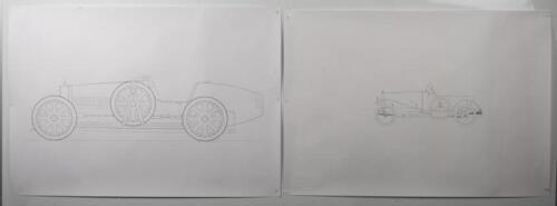 BUGATTI POSTERS: Two large posters with illustrations showing Bugatti side profiles