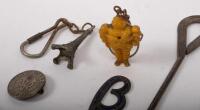 KEY RINGS: An assortment of items, including a Michelin Man key ring, an Eiffel Tower key ring, Lancia, a vintage 'B' (Beta) key ring, a Vauxhall&nbsp;lapel pin and also a vintage metal shoe lace button hook - 2