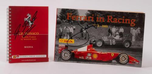 FERRARI: Two signed Ferrari related books, includes a 2001 Monaco Grand Prix media booklet with signature believed to be that of Michael Schumacher on cover and "Ferrari In Racing 1950-2001', with unknown signature on cover