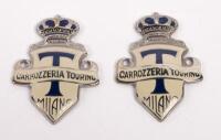 CARROZZERIA TOURING MILANO: A pair of Carrozzeria touring Milano enamel badges, excellent quality older reproduction badges using the company's 1930s logo, from Italian Automobile Coachbuilder used on Alfa Romeo, Maserati, Isotta Fraschini