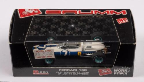 FERRARI 158 SURTEES: A Ferrari 158 Grand Prix car, the number 7 race car as raced by John Surtees during the 1964 Messico Grand Prix, 1:43rd scale, manufactured by Brumm models, product number r291, made in Europe