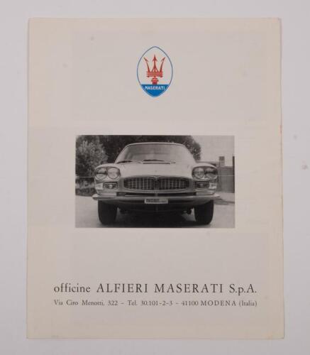 MASERATI: A 1964 Maserati two page sales brochure, includes information and photos of the Mistral, Mexico, Quattroporte, Sebring and Ghibli models