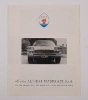 MASERATI: A 1964 Maserati two page sales brochure, includes information and photos of the Mistral, Mexico, Quattroporte, Sebring and Ghibli models