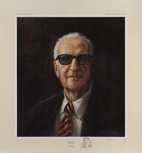 ENZO FERRARI: A limited edition [264/400] poster featuring a portrait of Enzo Ferrari (1898-1988) by Alan Fearnley, printed on heavy stock, signed & numbered in pencil lower right together with lovely hand drawn pencil portrait of a young Enzo Ferrari, 58.5cm high, 54cm wide