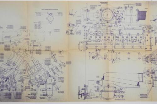 FERRARI: A copy of a Ferrari blue print for the F101 E 010 4.9-litre V12 engine. This engine was used in the manual 412 Ferraris and was the final evolution of the Colombo V12 series. Ferrari prancing horse logo printed to reverse side. Measures 115.5cm wide, 47.5cm high.