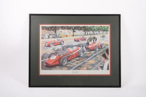 FERRARI/MASERATI: 'The Olympians' - A high quality print, signed by artist Mike Harbar, numbered 56 of 250, featuring Maserati and Ferrari cars at the 1956 Australian Grand Prix, framed and glazed, 42cm high, 59cm wide