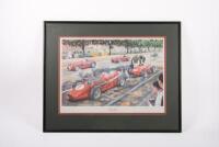 FERRARI/MASERATI: 'The Olympians' - A high quality print, signed by artist Mike Harbar, numbered 56 of 250, featuring Maserati and Ferrari cars at the 1956 Australian Grand Prix, framed and glazed, 42cm high, 59cm wide