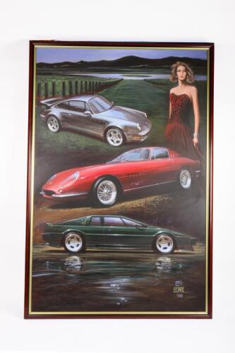 FERRARI: A large oil on canvas framed painting by artist Steve Park, signed and dated lower right 'S.G. PARK 98', features a Ferrari 275 GTB, Porsche 911 and Lotus Esprit, 142cm high, 92cm wide