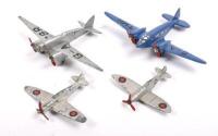 DINKY PLANES: A collection of four early Dinky planes including No.62M&nbsp;Light Transport plane in blue, 60G Light Racer, 62S Hawker Hurricane, and 62A Spitfire