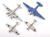 DINKY PLANES: A collection of four early Dinky planes including No.62M&nbsp;Light Transport plane in blue, 60G Light Racer, 62S Hawker Hurricane, and 62A Spitfire - 2