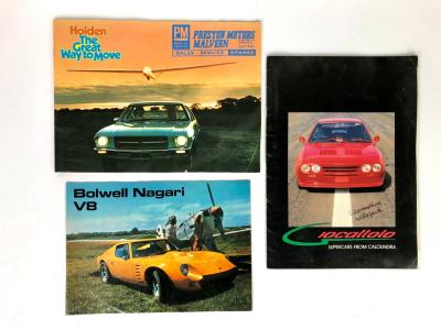 AUSTRALIAN SALES BROCHURES: Three Australian car sales brochures. Bolwell, Holden, Giocattolo