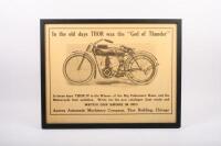 THOR: A framed and glazed reproduced poster circa 1970s featuring the Thor IV motorcycle, 'In The Old Days Thor Was The "God of Thunder' [Location Cheltenham, VIC]