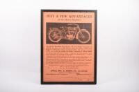 HARLEY-DAVIDSON: A framed and glazed excellently reproduced rustic looking poster circa 1970s promoting Harley-Davidson motorcycles and it's mechanical benefits, poster first appeared in 1914 [Location Cheltenham, VIC]