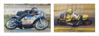 POSTERS: Two large posters featuring&nbsp;racing actions photos, includes Barry Sheene&nbsp;riding a Suzuki and Kenny Roberts riding a Yamaha&nbsp;
