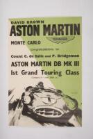 ASTON MARTIN: A c1950s high quality reproduction 'ASTON MARTIN, Monte Carlo, congratulations to Count C. de Salis and P.Bridgeman, ASTON MARTIN DB MK III, Ist Grand Touring Class' promotional poster, 74cm high, 50cm wide.